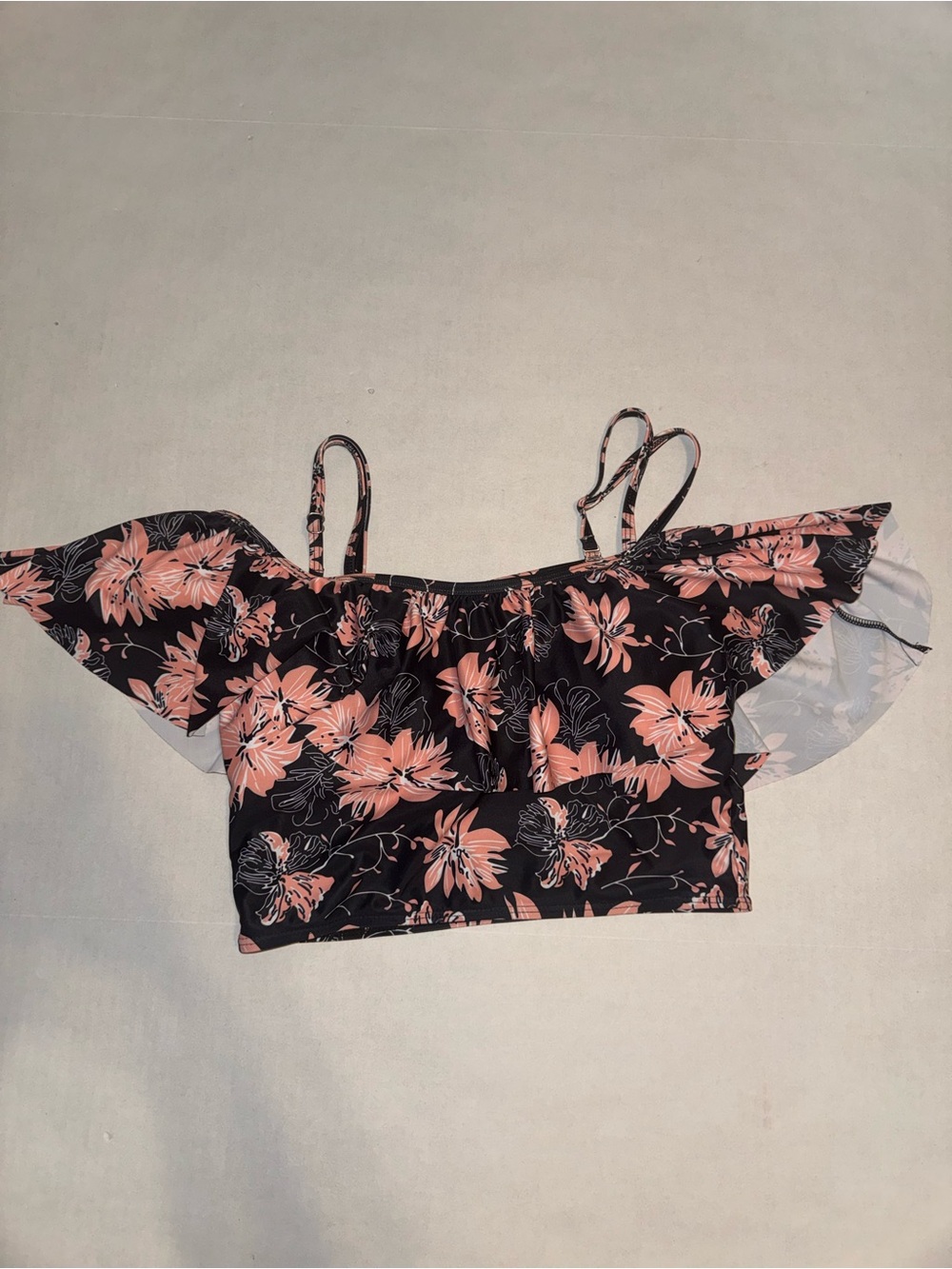 Floral Off-Shoulder Swim Top with Ruffle Sleeves - Black/Pink